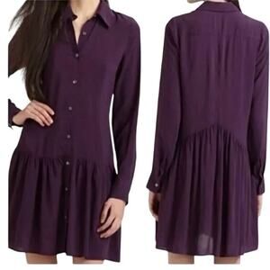 Theory Failly Rove Pleated Drop Waist Long Sleeve Purple Button Shirt Dress Sz 6